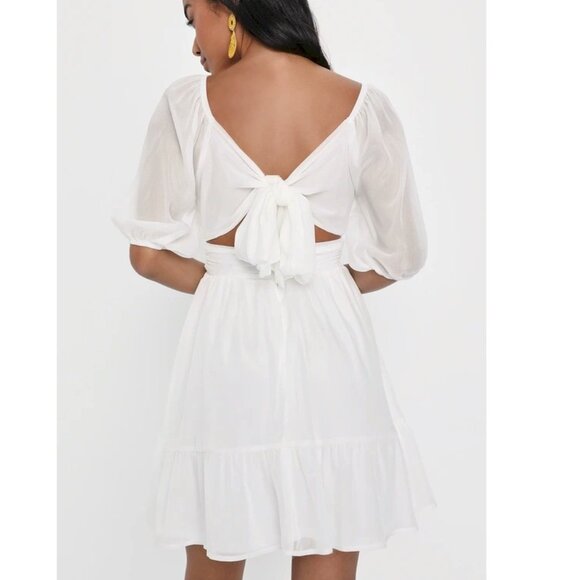 Lulus Ethereal Arrival White Puff Sleeve Tie-Back Chiffon Mini Dress Size Small - Picture 3 of 8
